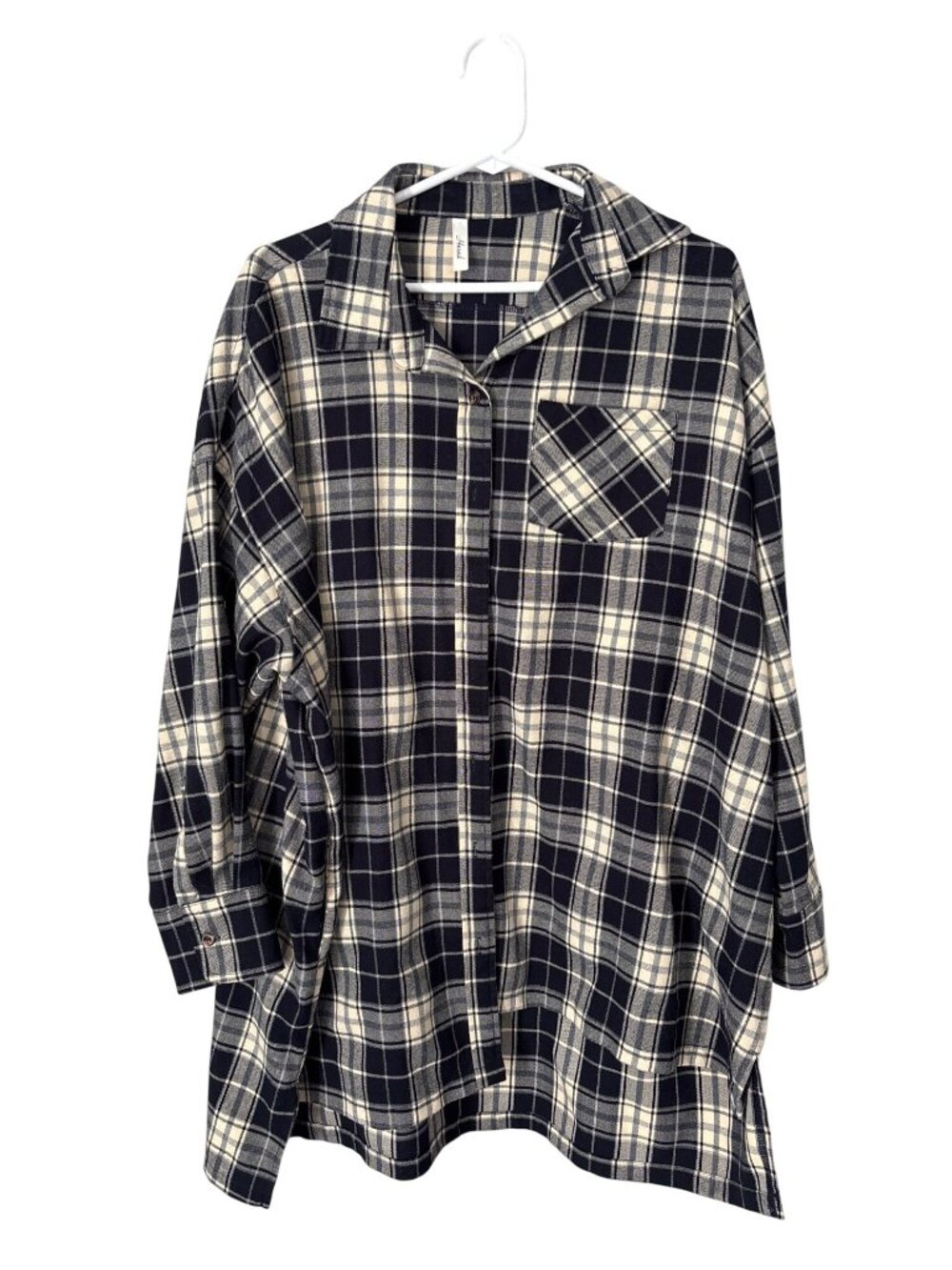 Hesed Tunic Shirt Size Medium/Large Plaid Button Up High Low Navy Cream Preppy
